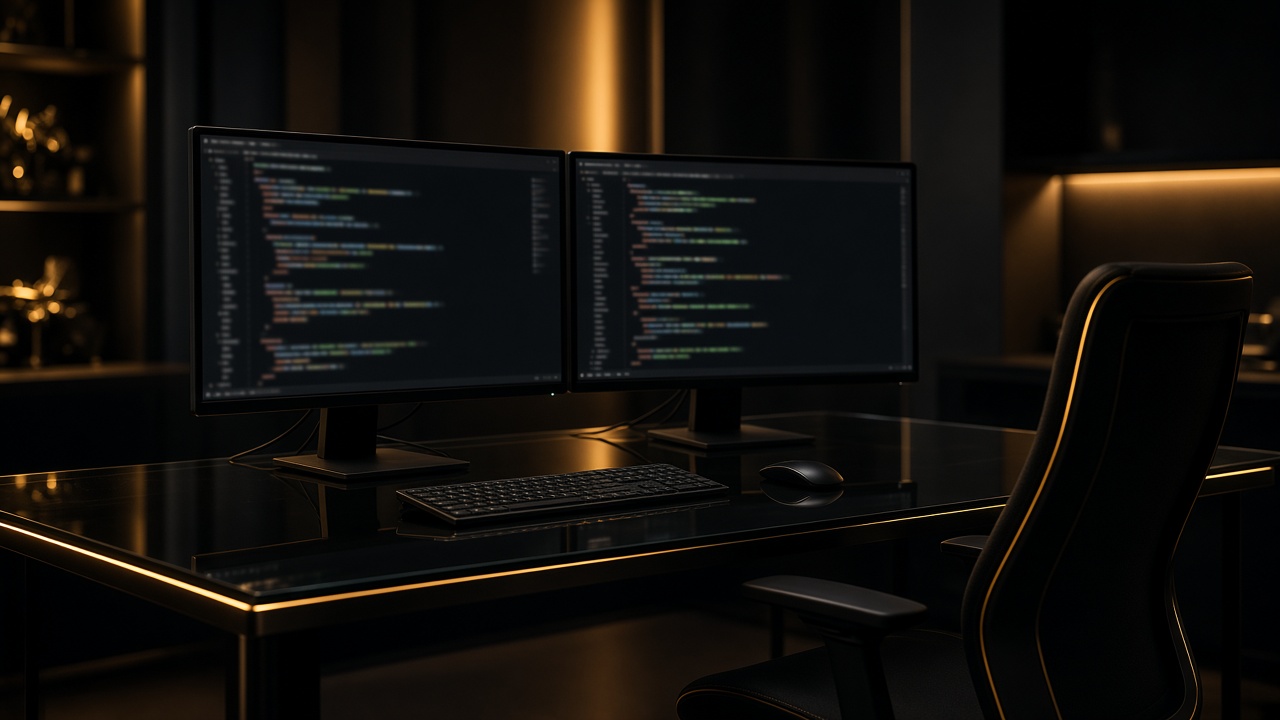 A dark studio desk with two monitors, a stand-in image