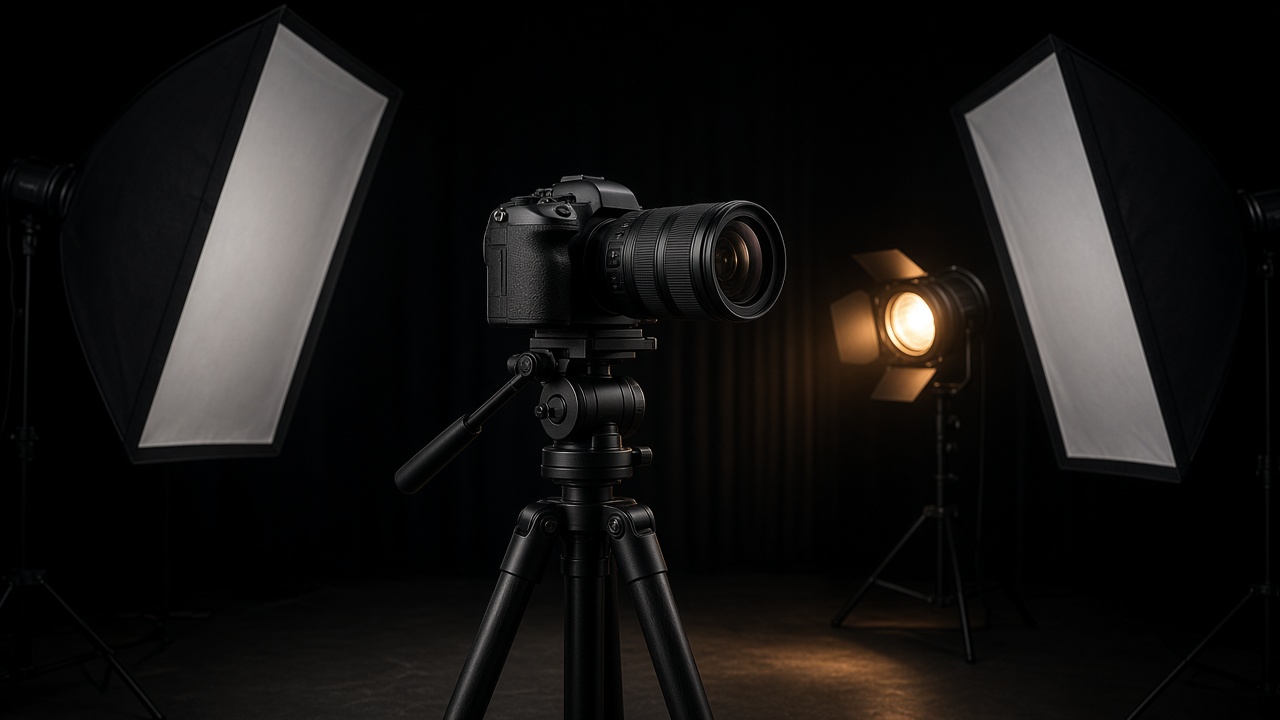 A camera on a tripod in a dark studio, a stand-in image